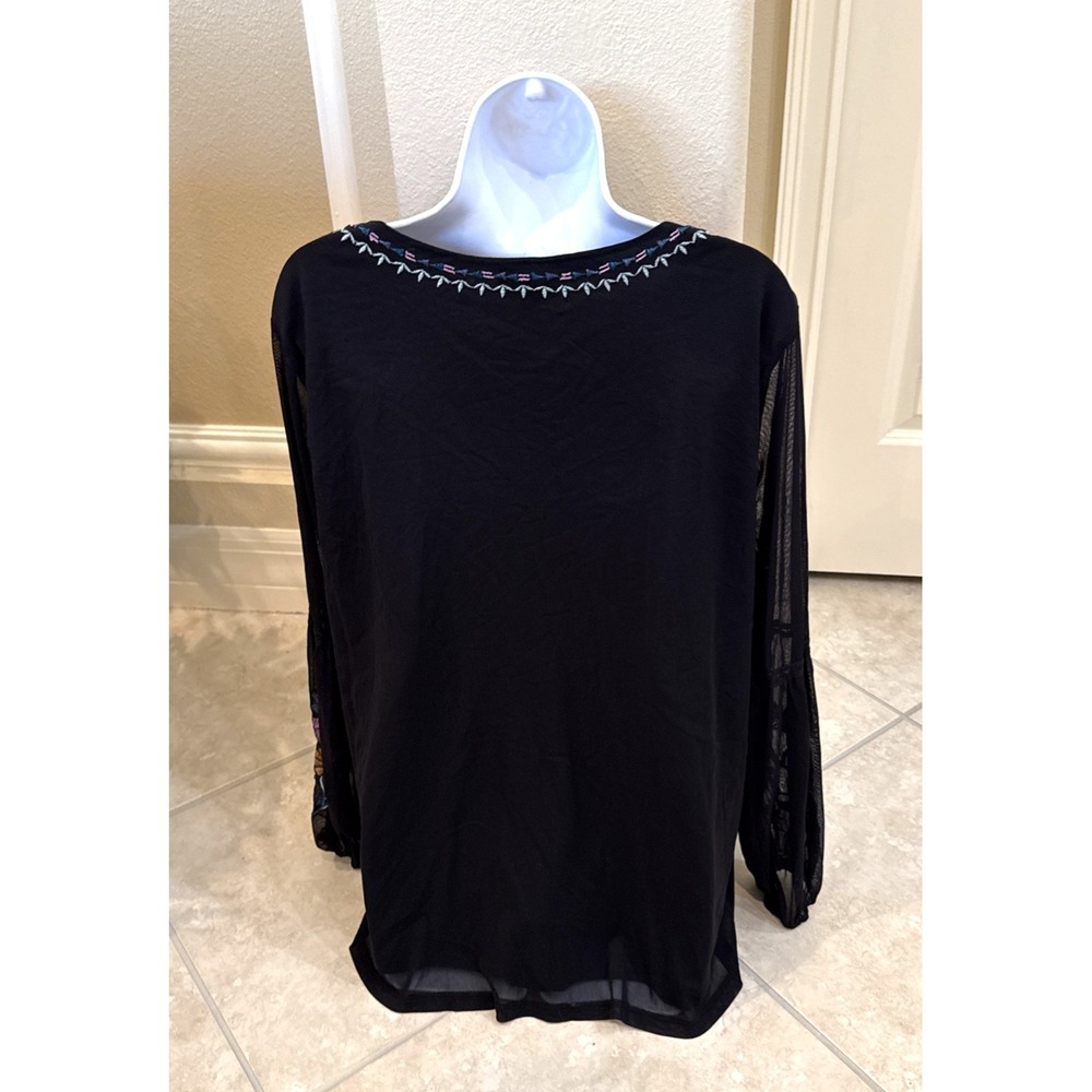 Style Co Black Mesh Embroidered Floral Peplum Top Sz XL Long Sheer Lined Boho - Picture 5 of 11